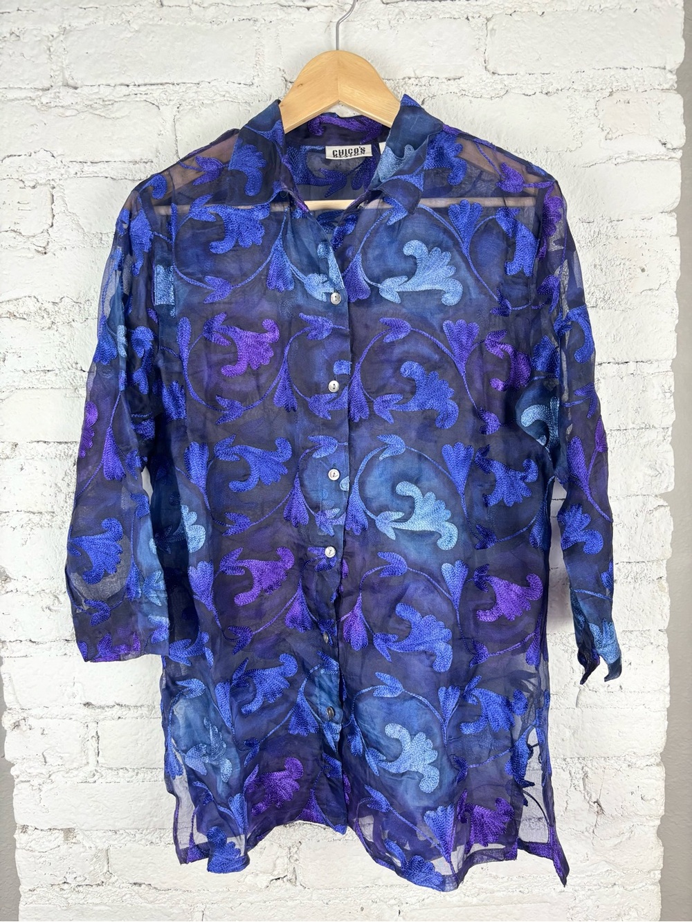 Chico's Purple & Blue Sheer Embroidered Silk Blouse